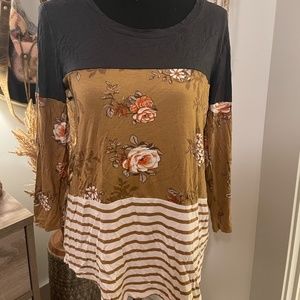 Long Sleeve Color Block Floral Striped Blouse